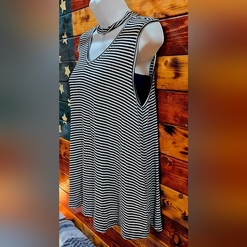 Wishful Park Pink White Striped Choker Cutout V-Neck Sleeveless Top Sz JRS XL